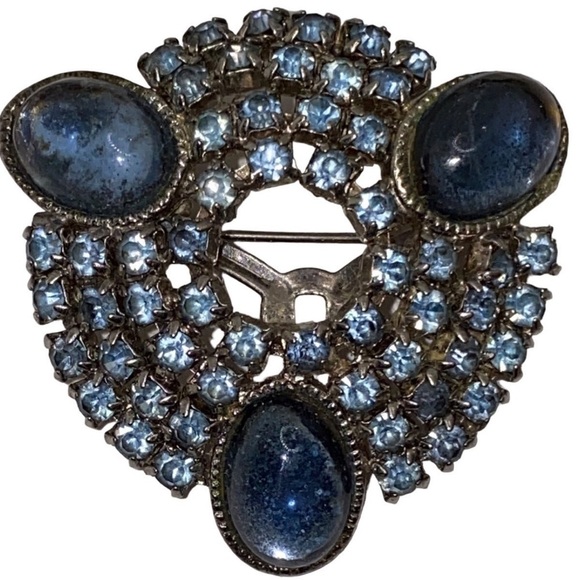 Vintage Blue Rhinestone Cabochon Silver Tone Brooch - Picture 1 of 5